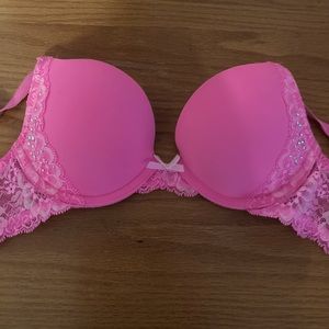 Victoria’s Secret Candy Pink Rhinestone and Lace Push-up Bra, Size 34A